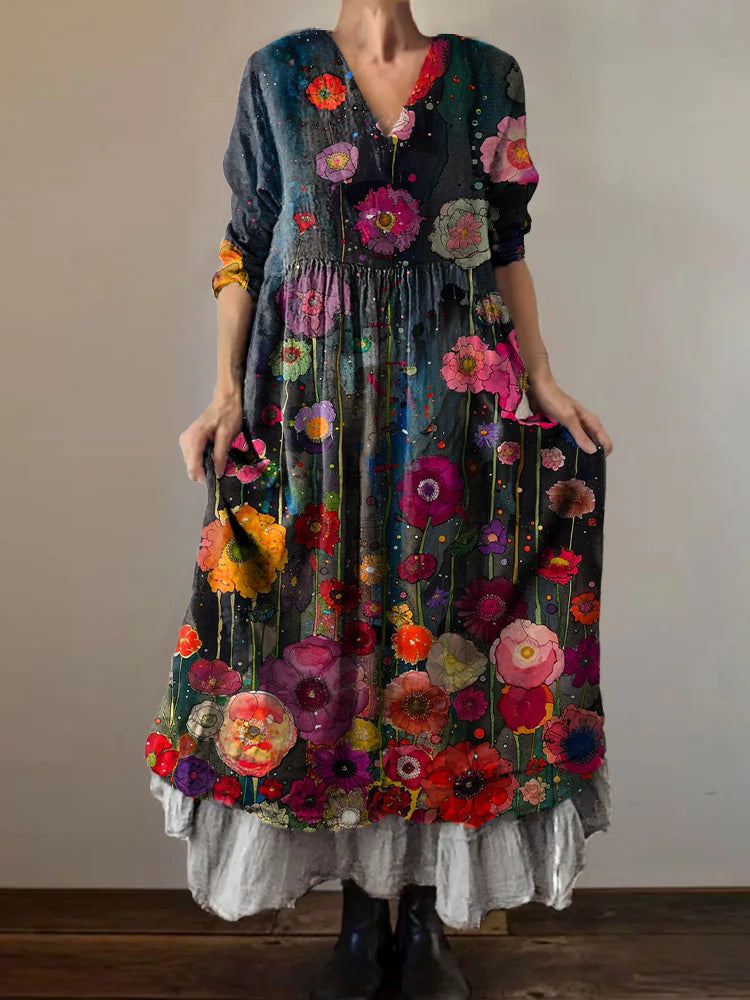 Women's Vintage Floral Art Print V-Neck Button Pocket Cotton Dress