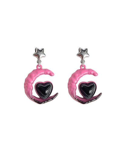Gradient Color Pink Sterling Silver Alloy Glass Moon Love Drop Earrings
