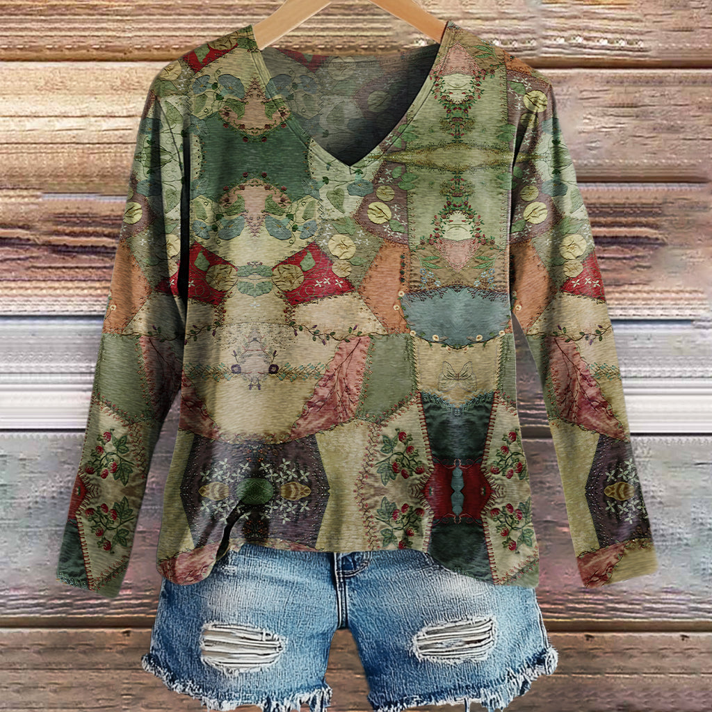 Women's Vintage Patchwork Art Print Casual V-neck Long Sleeve T-shirt