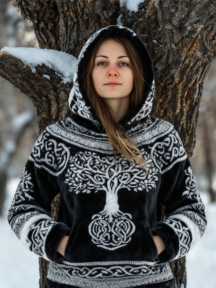 Comstylish Viking Tree Of Life Design Women's Flannel Hoodie