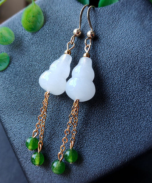 White 14k Gold Jade Gourd Gem Stone Tassel Drop Earrings