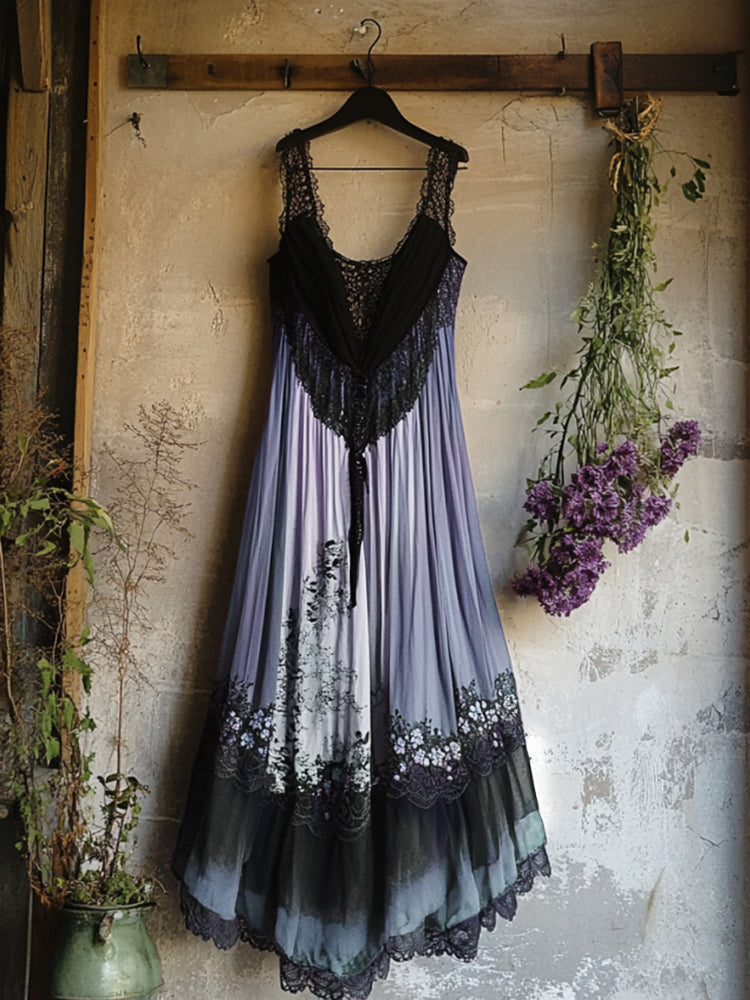 Boho Floral Embroidered Pattern Lace Patchwork Art Linen Dress artswardrobe
