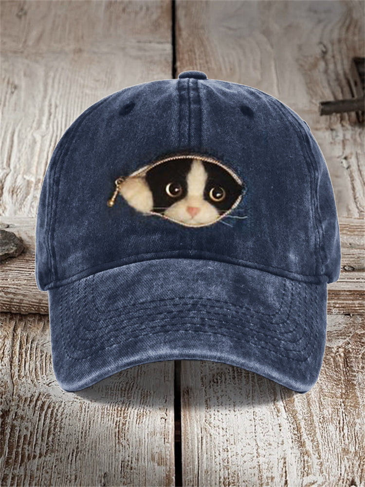 Peeking Cat Felt Art Zipper Washed Cap elevenforest