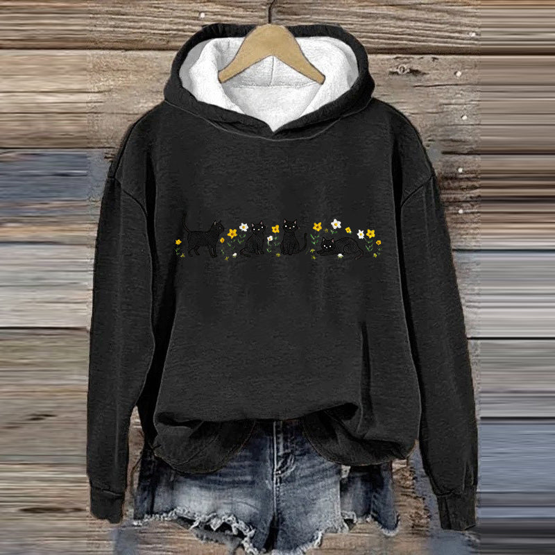 Women's Cute Floral Black Cat Embroidered Print Hoodie elevenforest