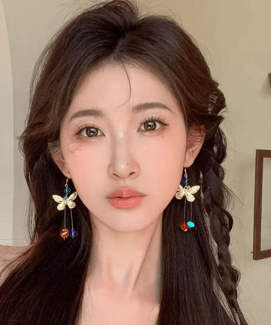 Colorblock Alloy Butterfly Beading Tassel Drop Earrings