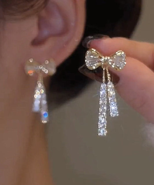 White Sterling Silver Overgild Zircon Crystal Butterfly Drop Earrings
