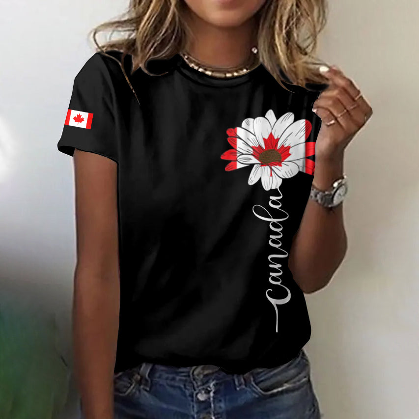 Women's Canada Flag Flower Print Short Sleeved Casual T-shirt elevenforest