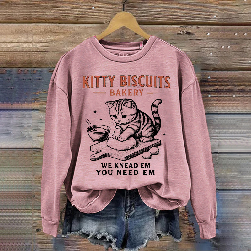 Women's  Cute Kitty Biscuits Bakery Print Sweatshirt elevenforest