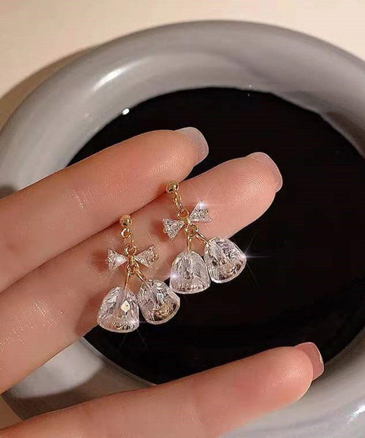 Gold Copper Overgild Zircon Bow Bell Drop Earrings