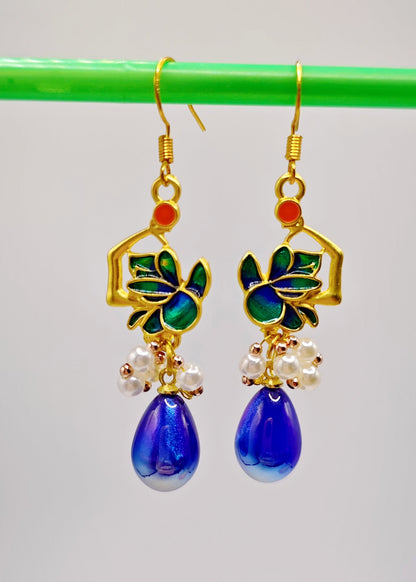 Peacock Blue Water Droplet Gem Stone Drop Earrings