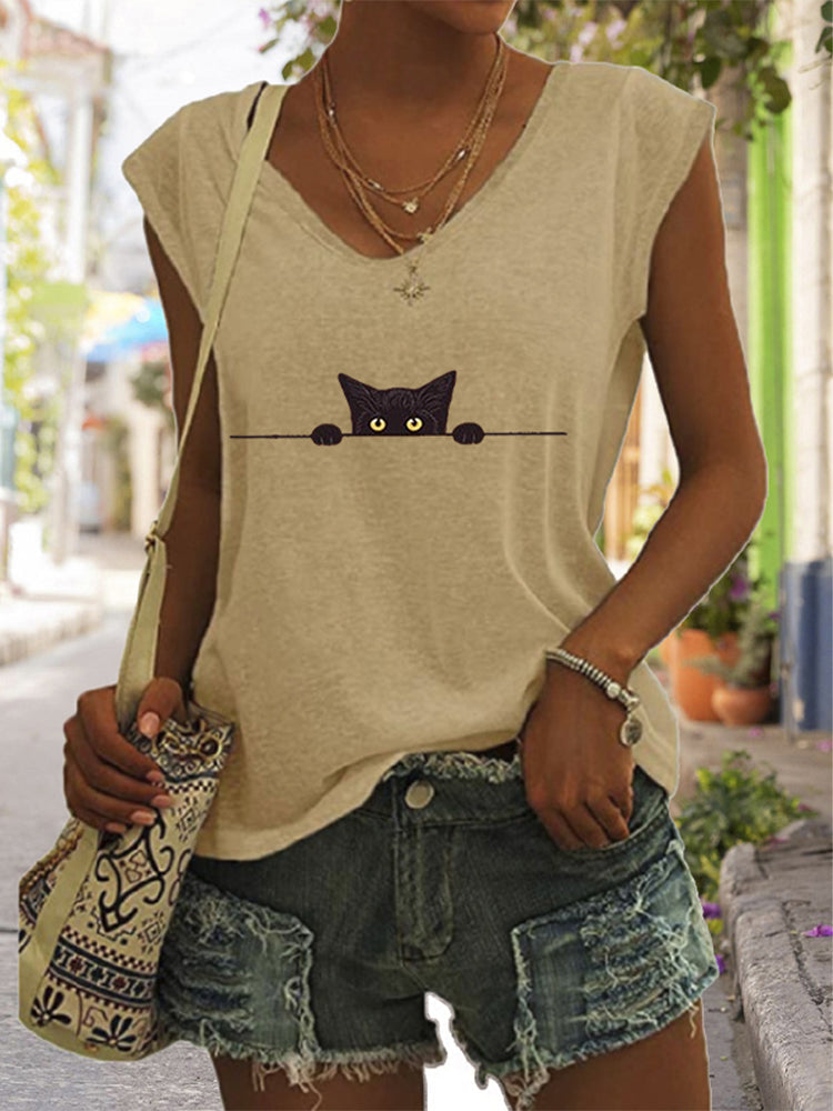 Women's Casual Black Cat Print Vest elevenforest