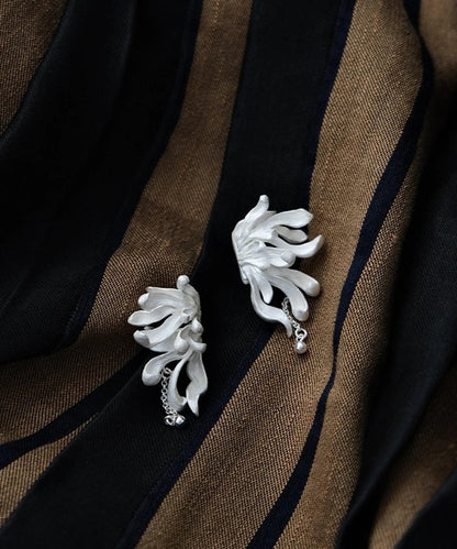 Diy Light Grey Sterling Silver Petal Tassel Stud Earrings