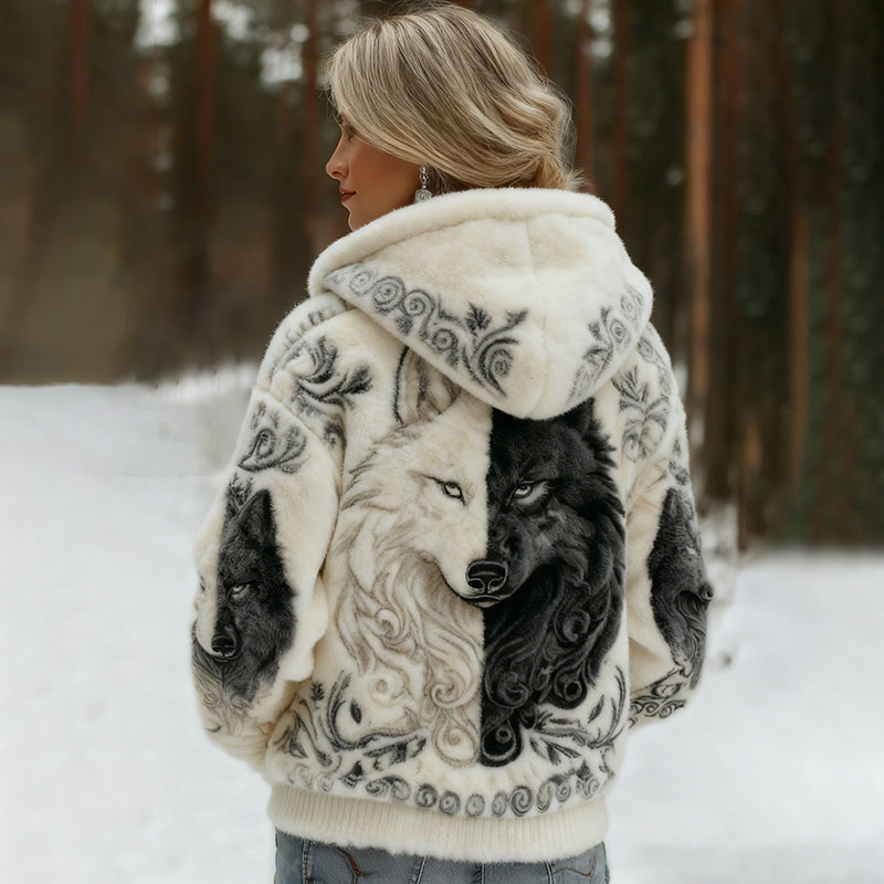 Comstylish Women's Viking Wolf Art Knit Cozy Flannel Hooded