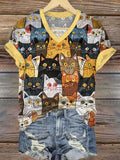 Cute Cat Pattern Patchwork V-Neck T-Shirt elevenforest