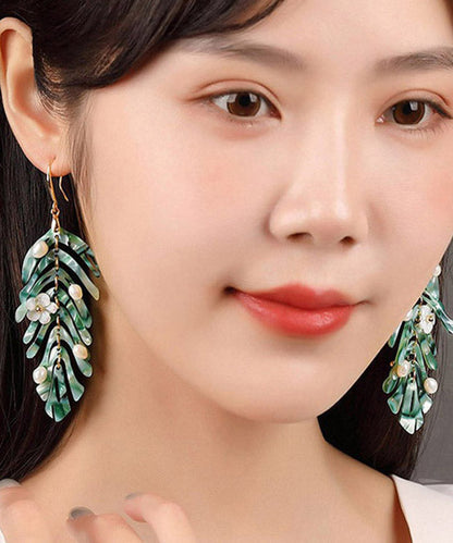 Green Copper Pearl Shell Flower Asymmetricar Leaf Drop Earrings