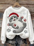 Comstylish Christmas Cat In The Snow Embroidered Cozy Plush Sweatshirt