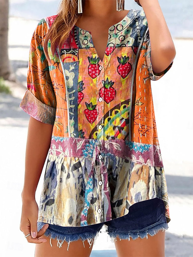 Women's Bohemian Pattern Art Print Casual Cotton And Linen Shirt