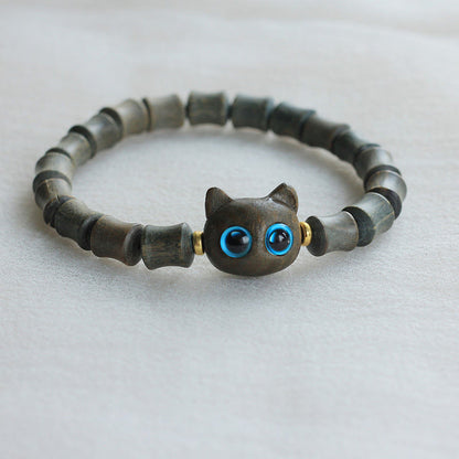 Buddha Stones Ebony Wood Green Sandalwood Cat Peace Bracelet