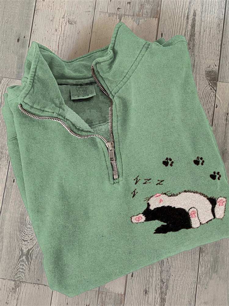 Sleeping Cat Embroidered Text Print Zipper Casual Sweatshirt elevenforest