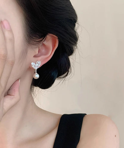 White Copper Overgild Pearl Love Drop Earrings