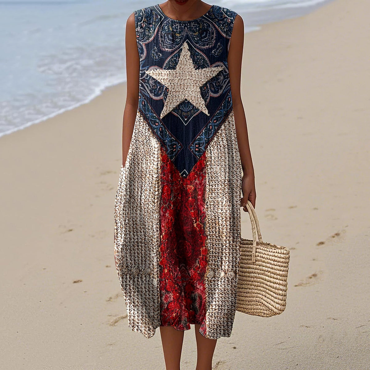 Women's Vintage Flag Print Sleeveless Casual Cotton Dress artswardrobe