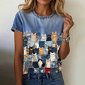 Women's Cat Collage Art Denim Print Casual T-shirt elevenforest