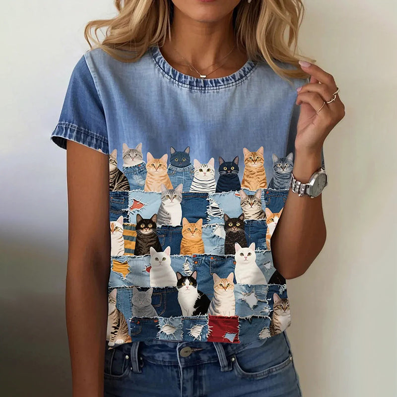 Women's Cat Collage Art Denim Print Casual T-shirt elevenforest