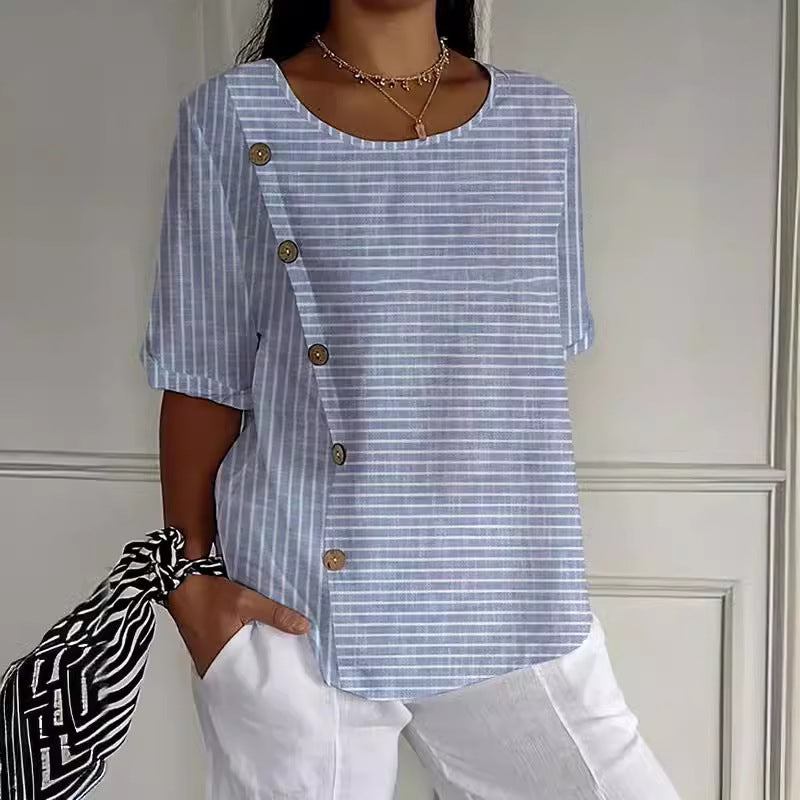 Striped Button Casual Short Sleeves