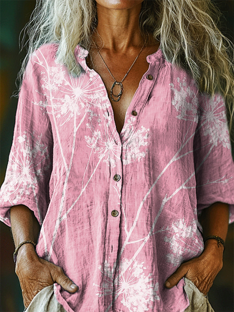 Women's Floral Pattern Art Print Casual Cotton Linen Shirt