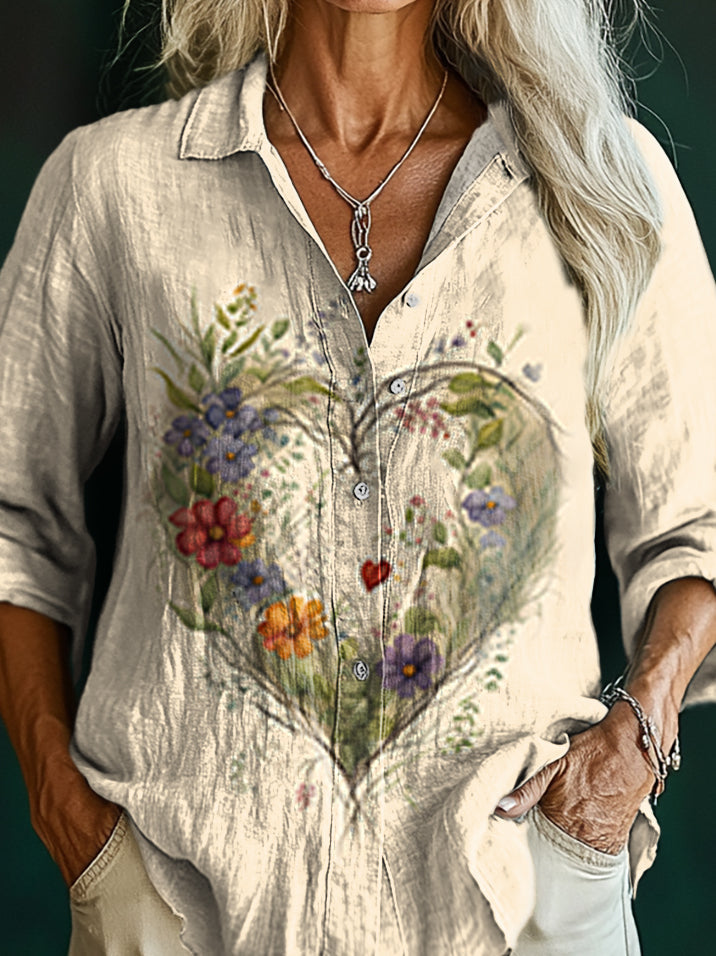 Women's Floral Heart Pattern Art Print Casual Cotton Shirt