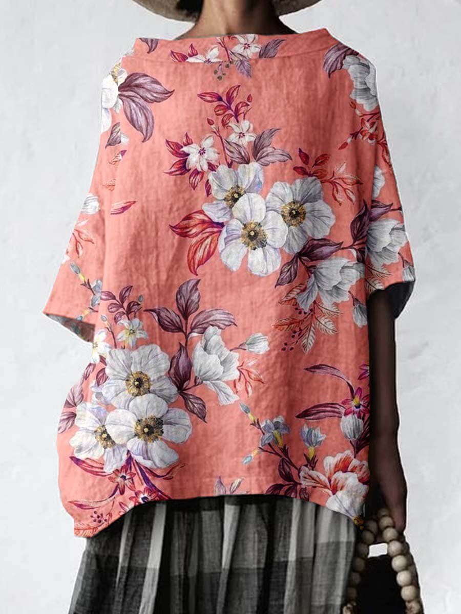 Women's Elegant Floral Round Neck Cotton and Linen Top