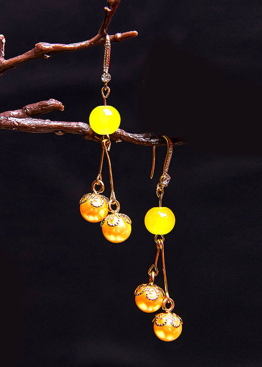Modern Yellow Pearl Tassels Drop Earrings