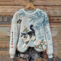 Japanese Art Cat & Bamboo Embroidered Cozy Plush Sweatshirt elevenforest