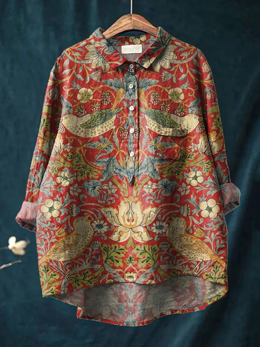 Vintage Ethnic Lovely Birds Floral Art Print Casual Cotton And Linen Shirt