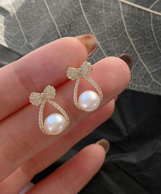 Diy Gold Sterling Silver Alloy Zircon Pearl Bow Stud Earrings