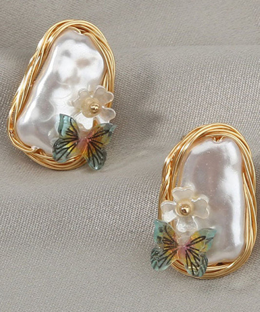 Yellow Handmade Pearl Butterfl Stud Earrings