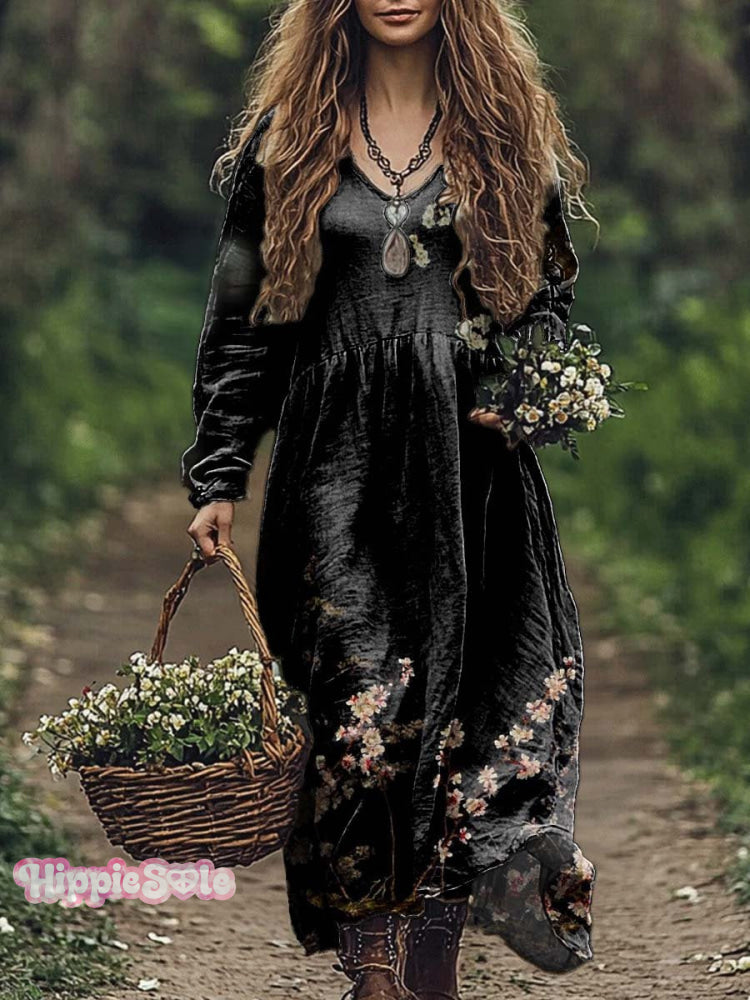 Women's Retro Floral Print Pocket Cotton Dress