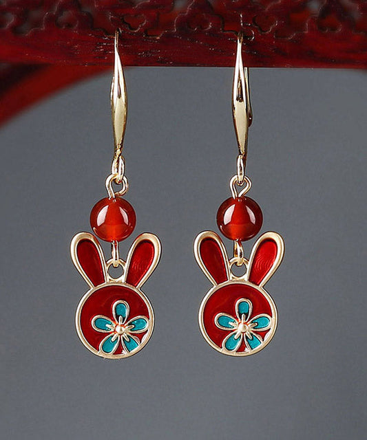 Red Sterling Silver Agate Cloisonne Rabbit Drop Earrings