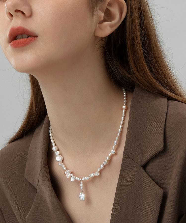 White Sterling Silver Pearl Pentagram Pendant Necklace