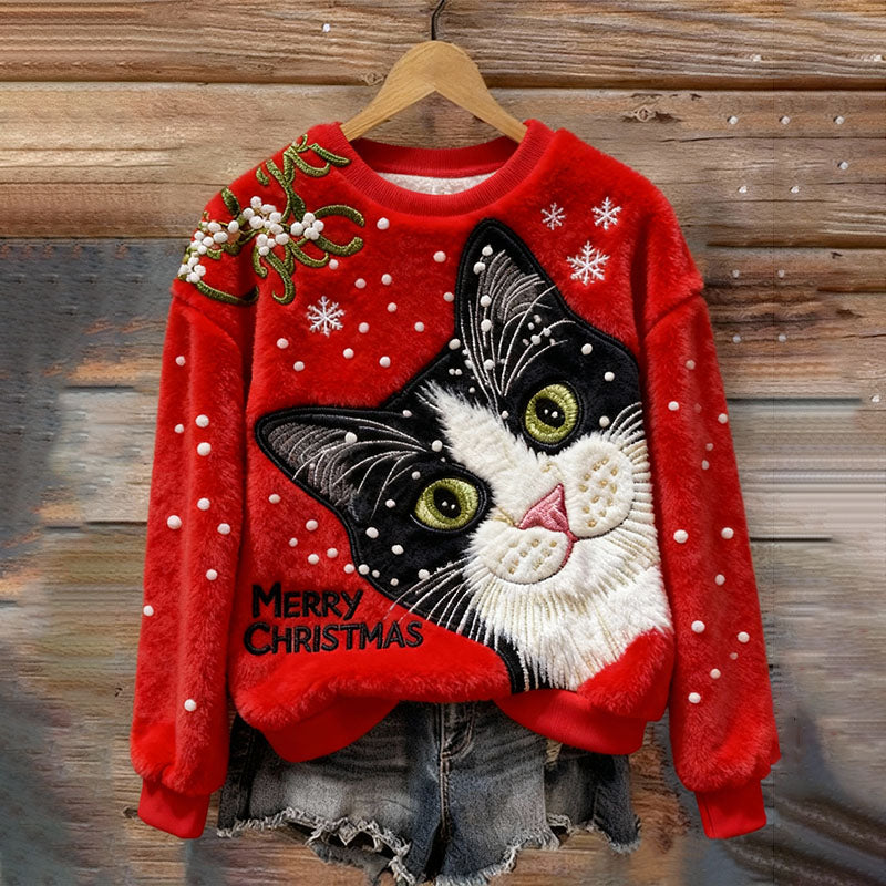 Women's Christmas Cat Embroidery Art Comfort Plush Sweatshirt elevenforest