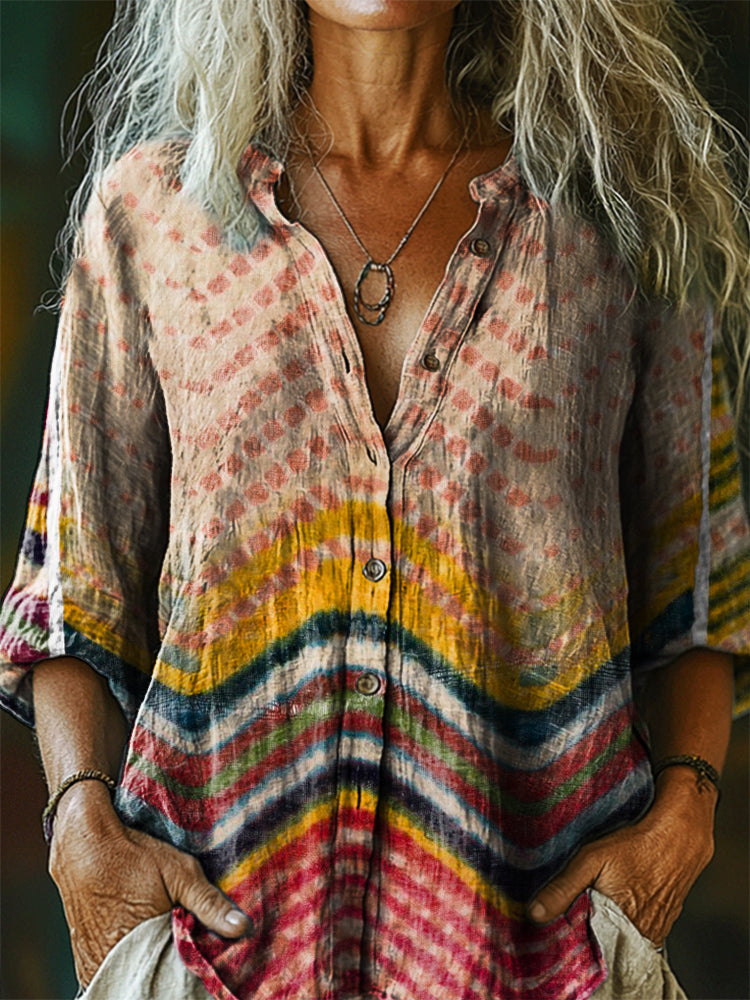 Women's Vintage Bohemian Pattern Art Print Casual Cotton Linen Shirt