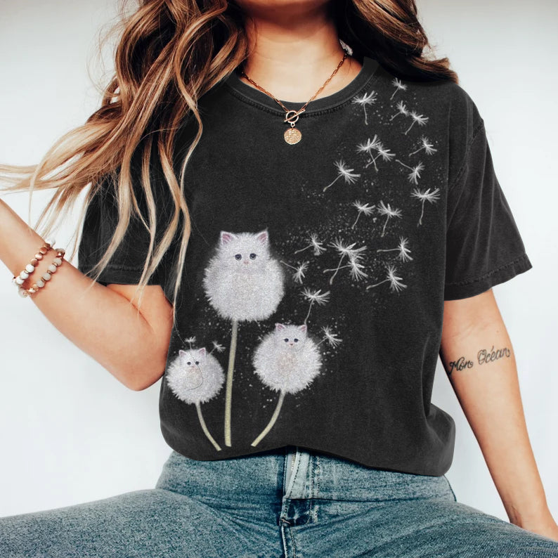 Dandelion Cat Art Pattern Short Sleeve T-Shirt elevenforest