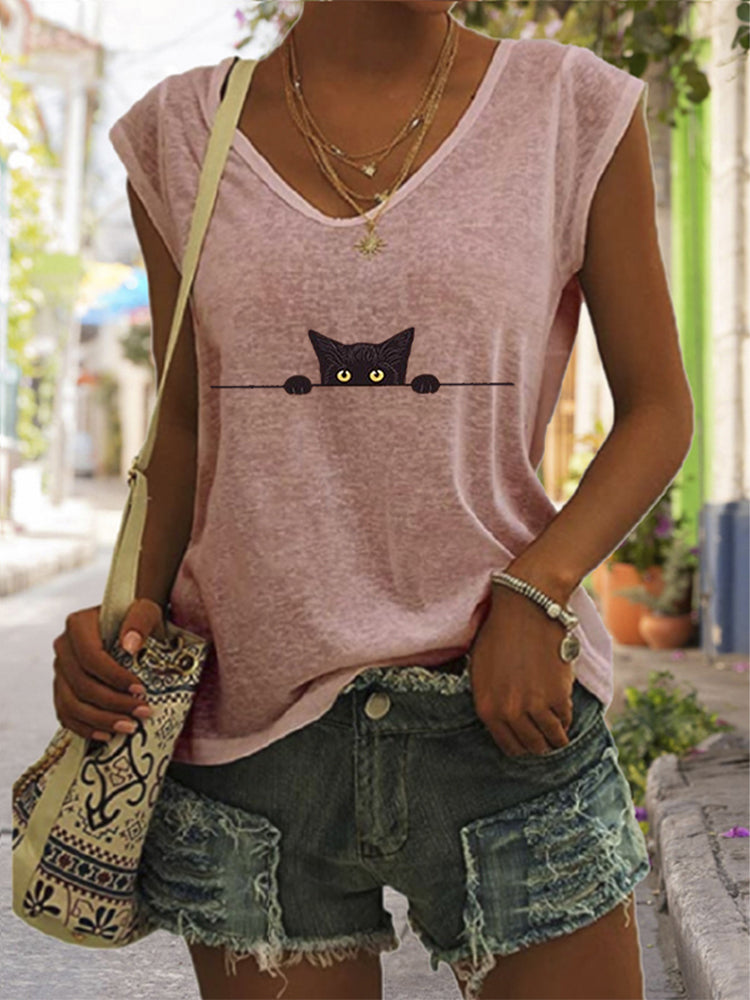 Women's Casual Black Cat Print Vest elevenforest