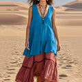 Women's Retro Casual Stitching Contrast Color Linen Sleeveless Dress artswardrobe