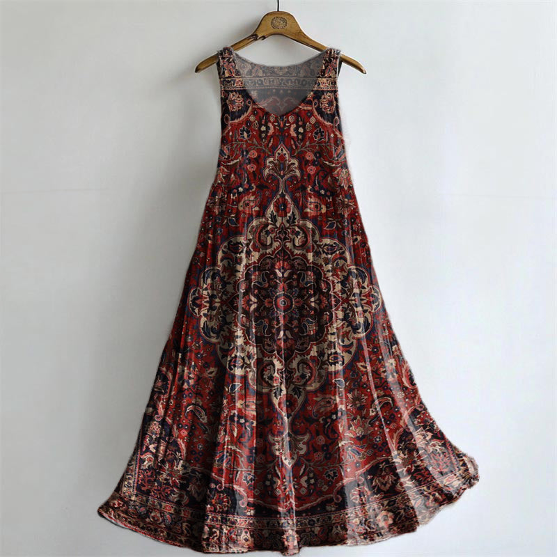 Women's Ethnic Tattoo Art Print V-Neck Pocket Cotton Dress