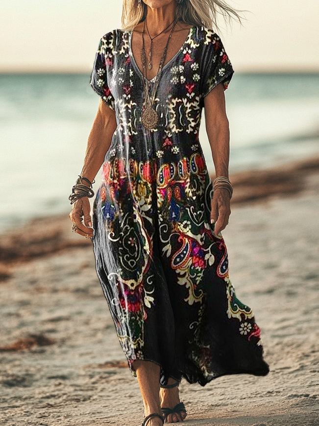 Women's Retro Ethnic Flower Pattern Art Print Pocket Cotton Dress