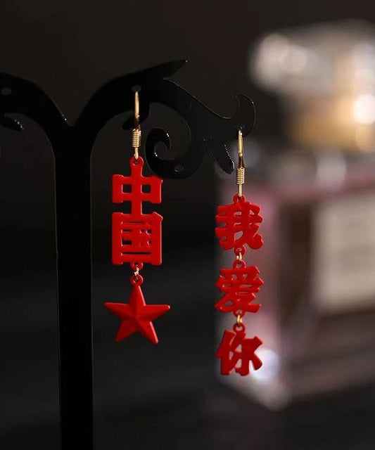 Red Copper Alloy I Love You China Hollow Out Drop Earrings