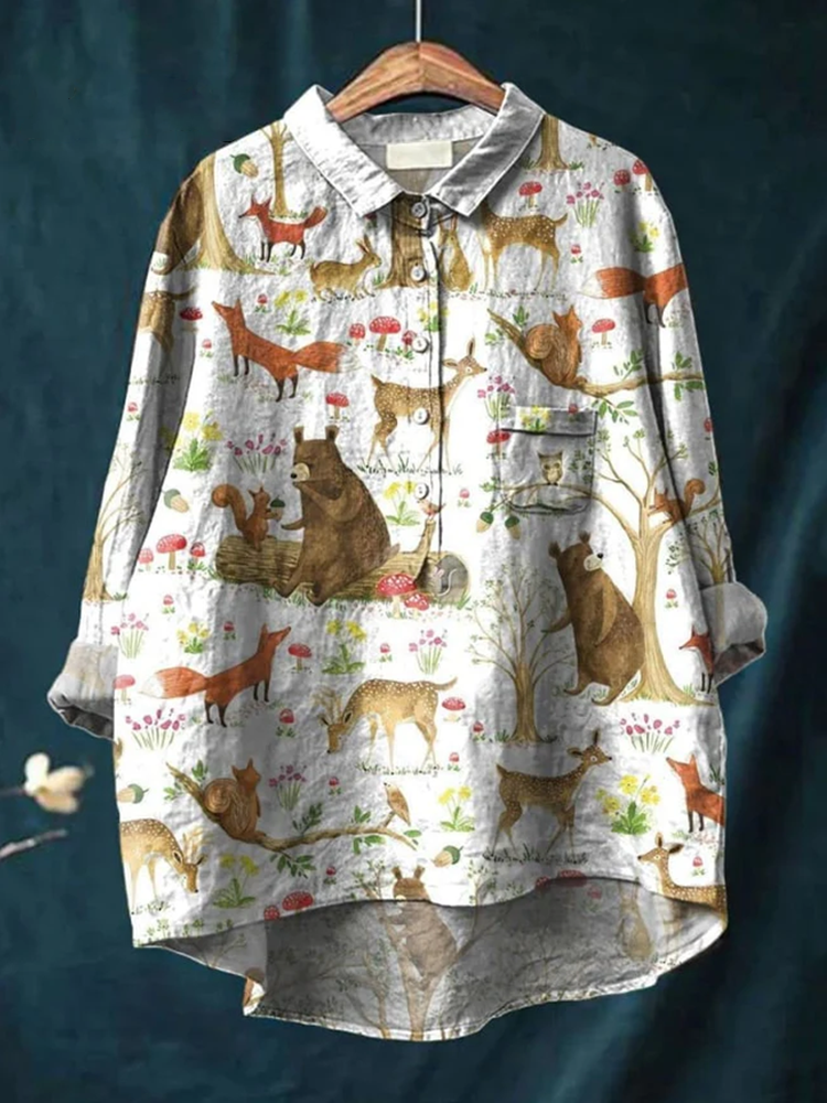 Women's Vintage Lovely Squirrel Floral Art Print Casual Cotton And Linen Shirt