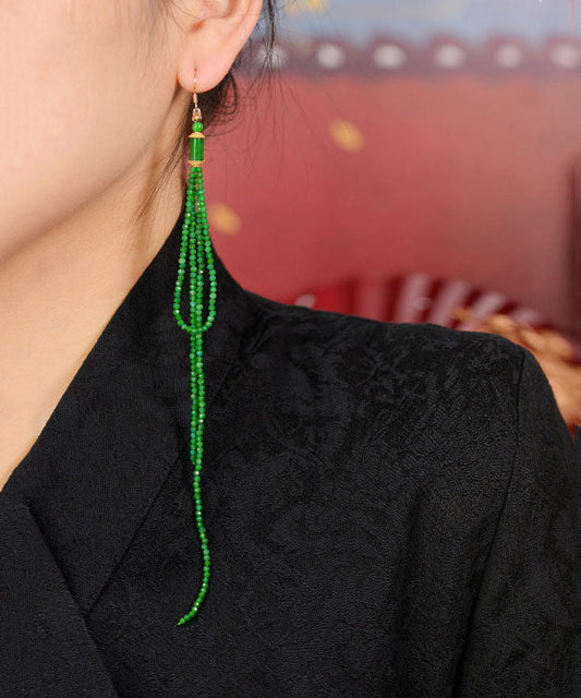 Green Silver Agate Jadeite Dry Green Tassel Drop Earrings