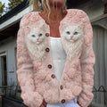 Comstylish Vintage Cute Cat Face With Roses Art Embroidered Art Cozy Knit Cardigan